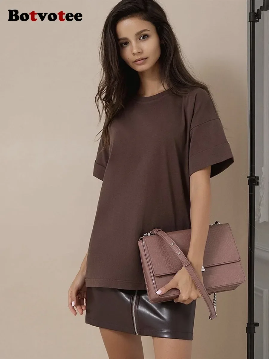Botvotee 21 Colors 100% Cotton Brown Summer Oversized Basic Soild T Shirts for Women Ins Fashion Black Pink T-shirt Casual Tops
