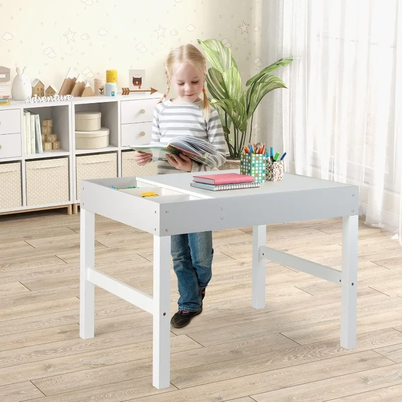 Kids Table, 3 in 1 Wooden Building Block Desk w/Storage, Double-Sided Tabletop , Gift Boys Girls, Children Activity