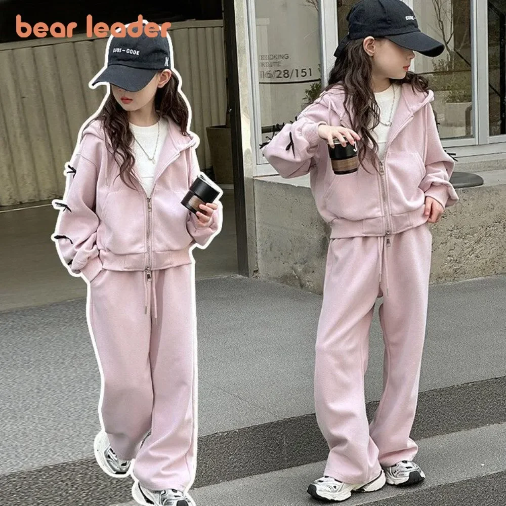 Bear Leader Spring and Autumn Korean Fashion Girls' Set Pink Bow Decoration Long Sleeve Zipper Top+Pants Kids Casual Sportswear