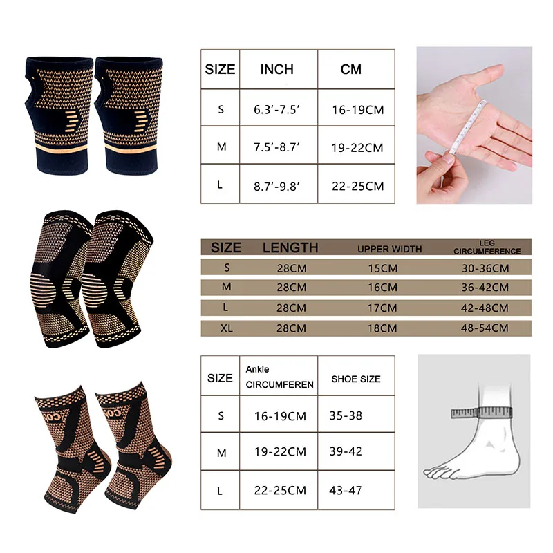 Copper Fiber Compression Sports Protective Gear Set Fitness Cycling Running Palm Guard Knee Support Elbow Pads Ankle Protector