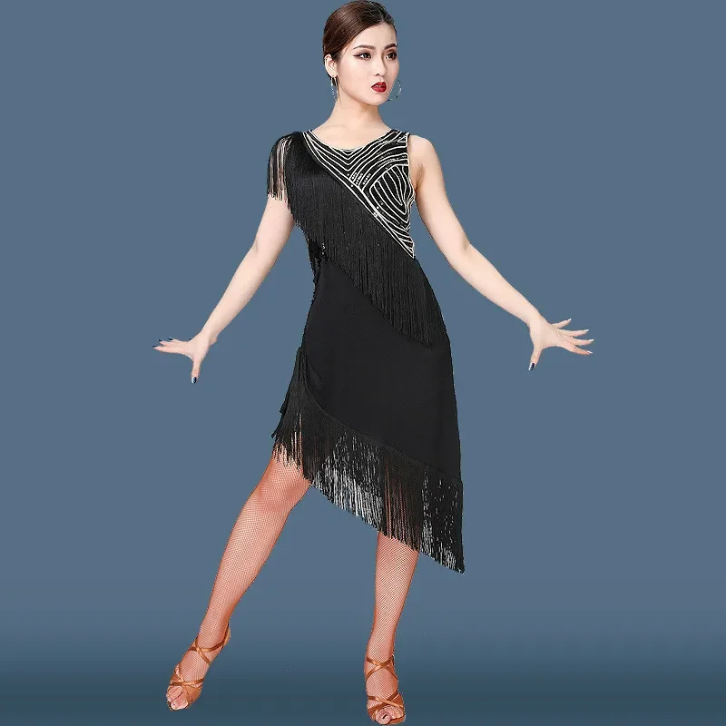 Women Ladies Sleeveless Latin Cha Cha Rumba Dress Sequin Tassels Fringe Ballroom Samba Tango Stage Dance Dress Stage Costume