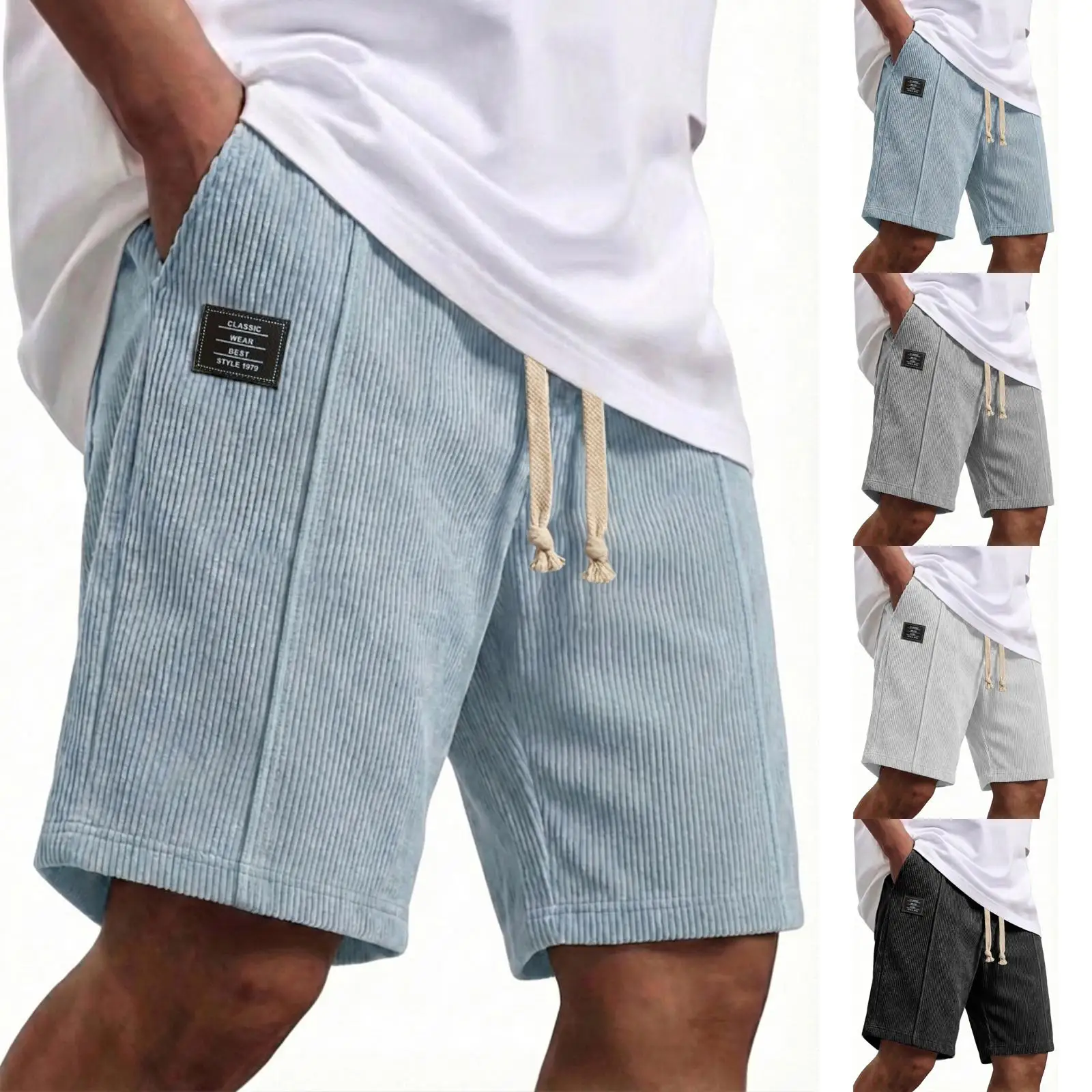 

Men Corduroy Shorts Casual Loose Drawstring Waist Shorts Solid Color Side Pocket Summer Beach Shorts Lounge Walking Shorts