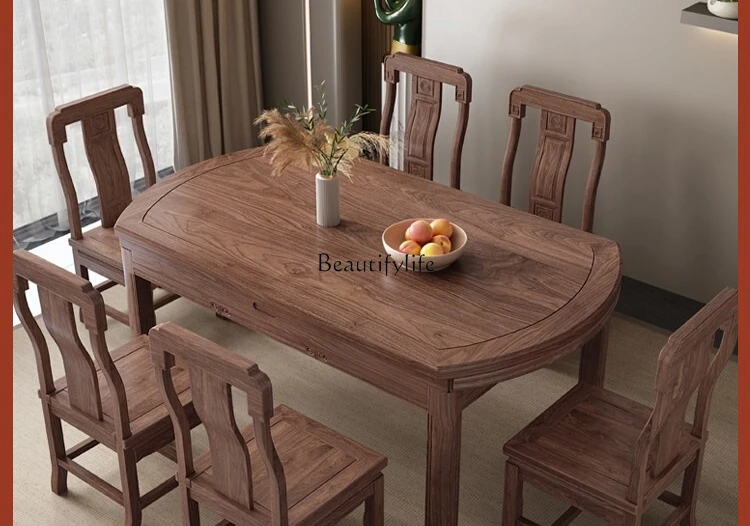 

Walnut square and round dual-purpose new Chinese solid wood retractable folding dining table
