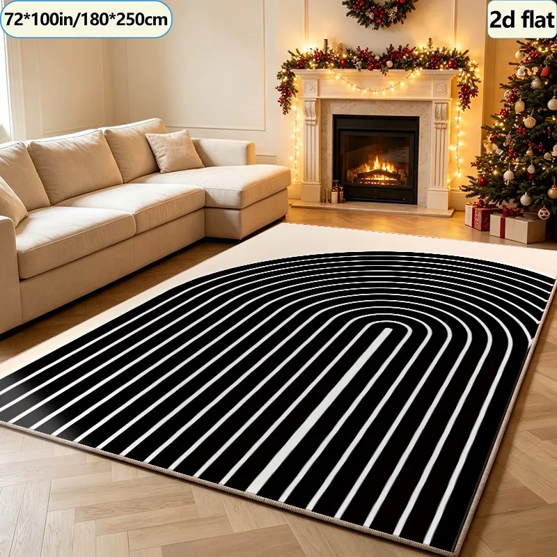 Black and White Curved Striped Art Carpet, Minimalist Modern Style Carpet, Suitable for Living Room, Bedroom, and Home Interior Decoration