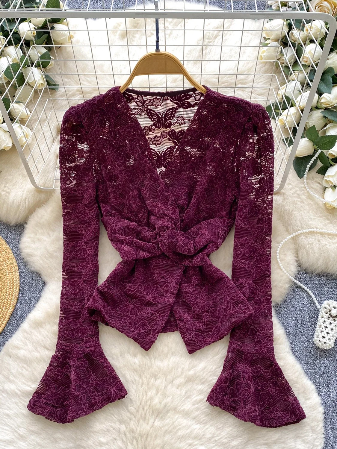 Ele Lace Long Sve Knot Ne Top Women's Faionable Base irt Slim Fit Korean Sle Polyester Fiber Breathable