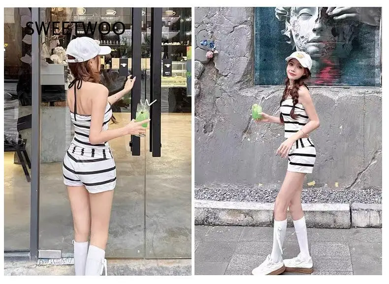 Women 2 Piece Striped Swimsuit Halter Tank Top High Waist Shorts Bathing Suit For Beach Pool Summer Seaside Vacation