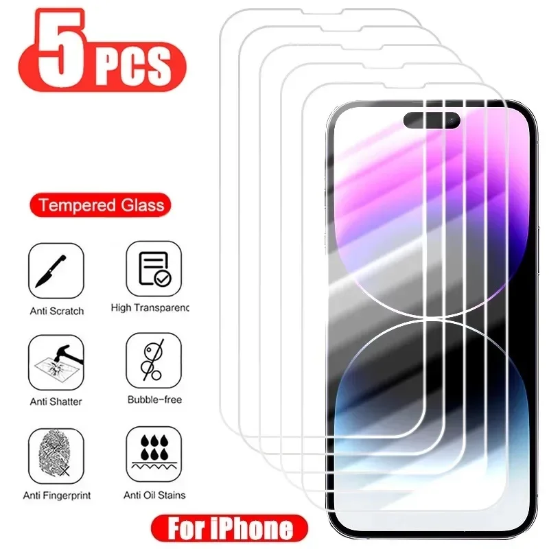 

5Pcs Tempered Glass Screen Protector For iPhone 15 Pro Max Plus 14 13 Mini 11 12 X XS