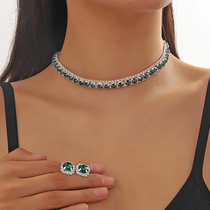 Inlaid Green Rhinestone Necklace Earring Set for Women Luxury Choker Necklace Stud Earrings Bridal Wedding Party Jewelry Sets