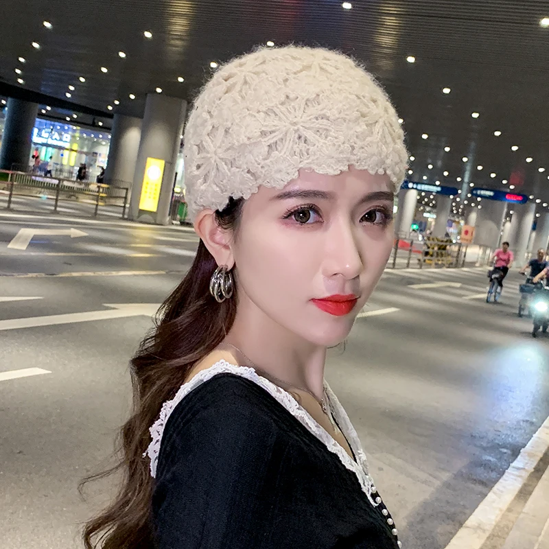 

Hat Women's Fashion All-Matching Autumn and Winter Closed Toe Hollow Beret Women's Handmade Hook Knitted Woolen Cap Winter