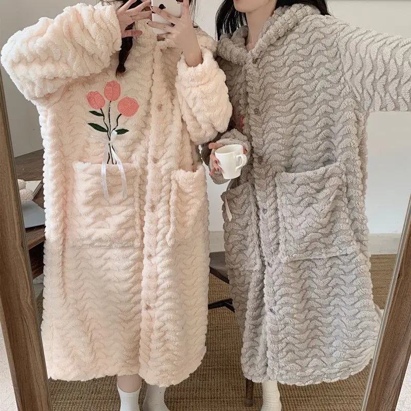 

new model Women's pajamas autumn winter coral fleece Sleepwear sweet hooded nightdress Pajama Set flannel thicken robe homewear