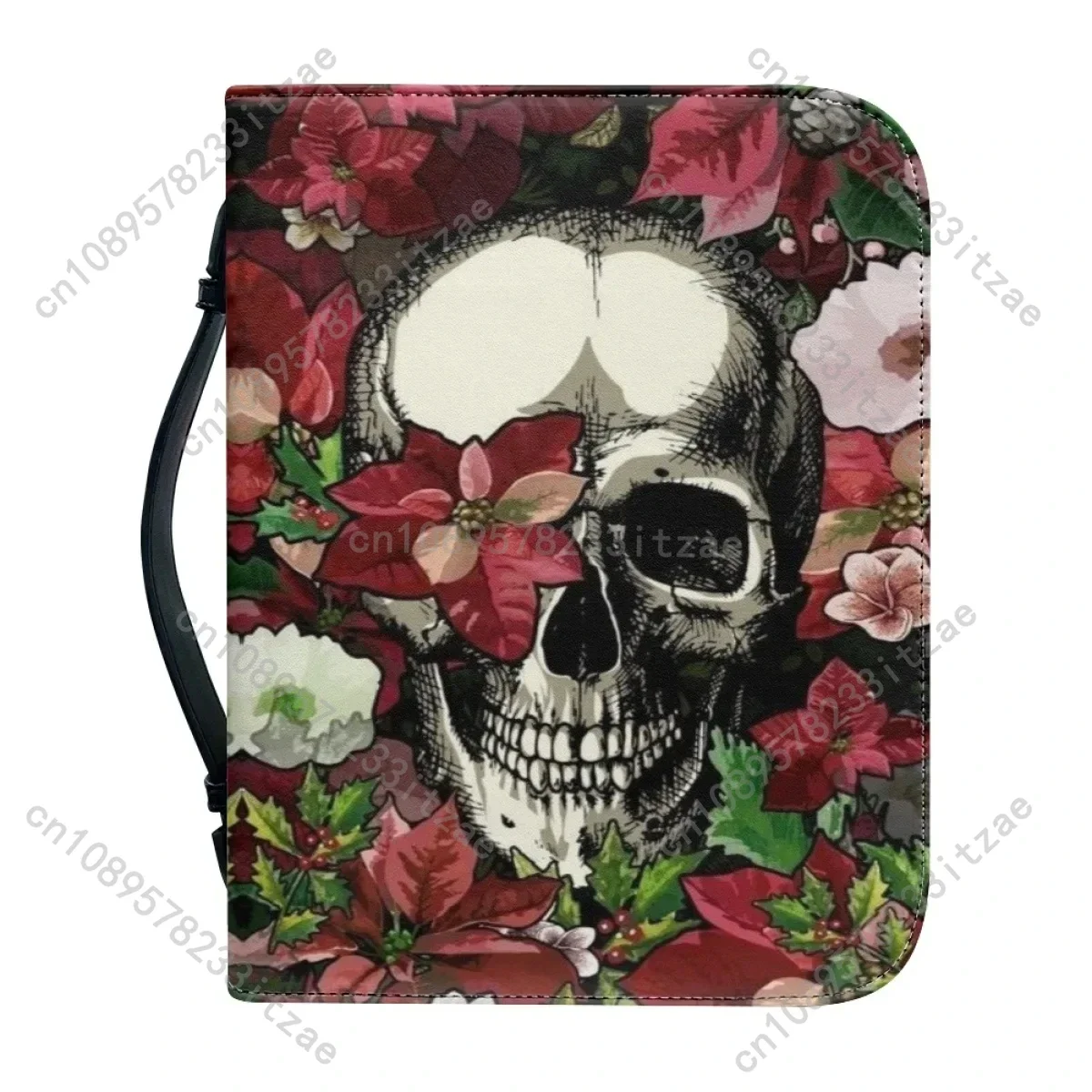 Gothic Skull Pattern Print Zipper Handle Bible Storage Bags Bible Cover Case Halloween Gift Handbag for Women PU Bible Organizer