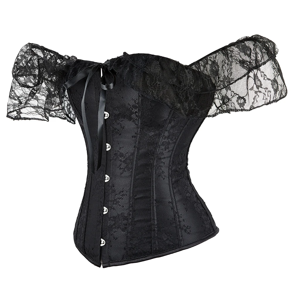 Women Lingerie Corselet Bustier Top Floral Lace Short Sleeves Overbust Corset Gothic Shirt Korset