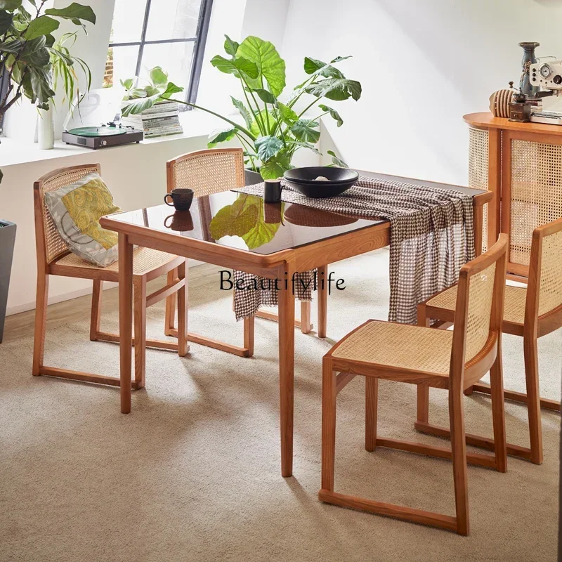 09z.Nordic rattan dining table Nordic simple modern rectangular solid wood dining table