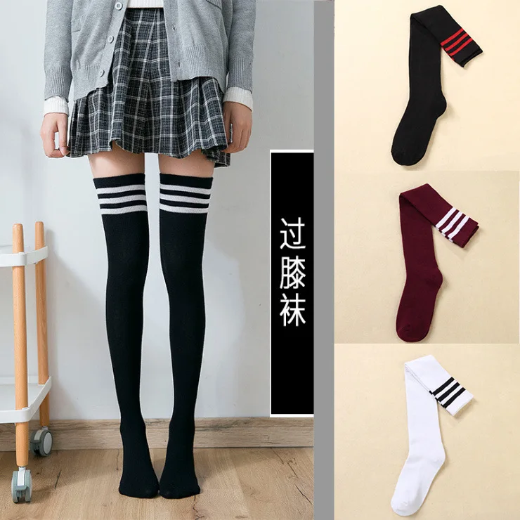 About 60cm Black White Wine Red Striped Women Long Socks Thigh High Nylon Stockings Breathable Over Knee Girls