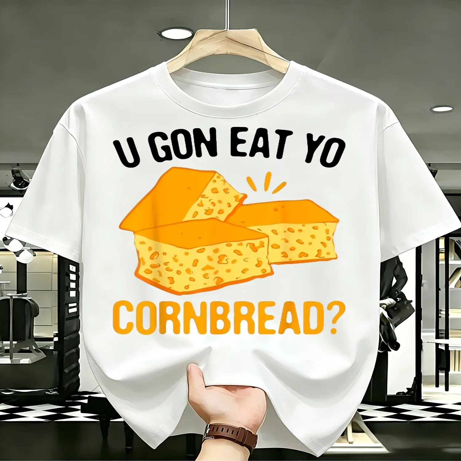 [Multicolor Printed Short Sleeve] 1pc Funny U GON EAT YO CORNBREAD Men'S T-Shirt Mexican Pun Cornbread Butter Graphic Tee Retro Humorous Food-Themed Shirt for Parties Casual Wear, Plus Size Unisex tshirt, Graphic tshirt