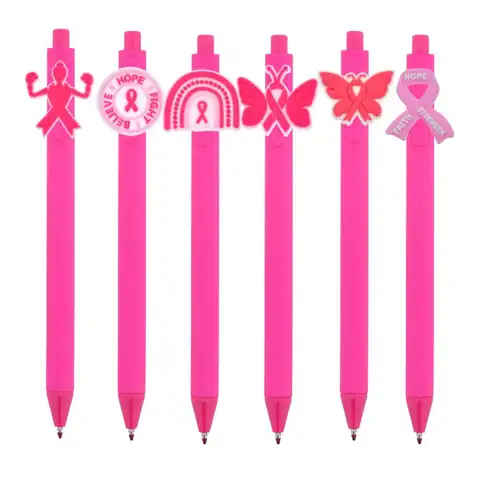 6Pcs 로즈 레드 개폐식 젤 펜 0.5mm 여성 역량 핑크 리본 인식 펜 대량 파티는 검정 잉크로 선물을 선호합니다