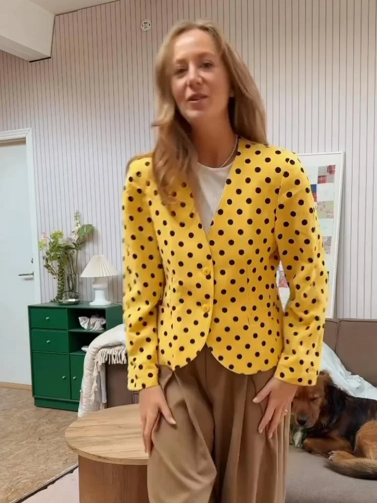 

Street Polka Dot Slim Women's Short Jacket V-neck Long Sleeve Single Breasted Waist Cinching Coats Chic Autumn Ladies Outerwear