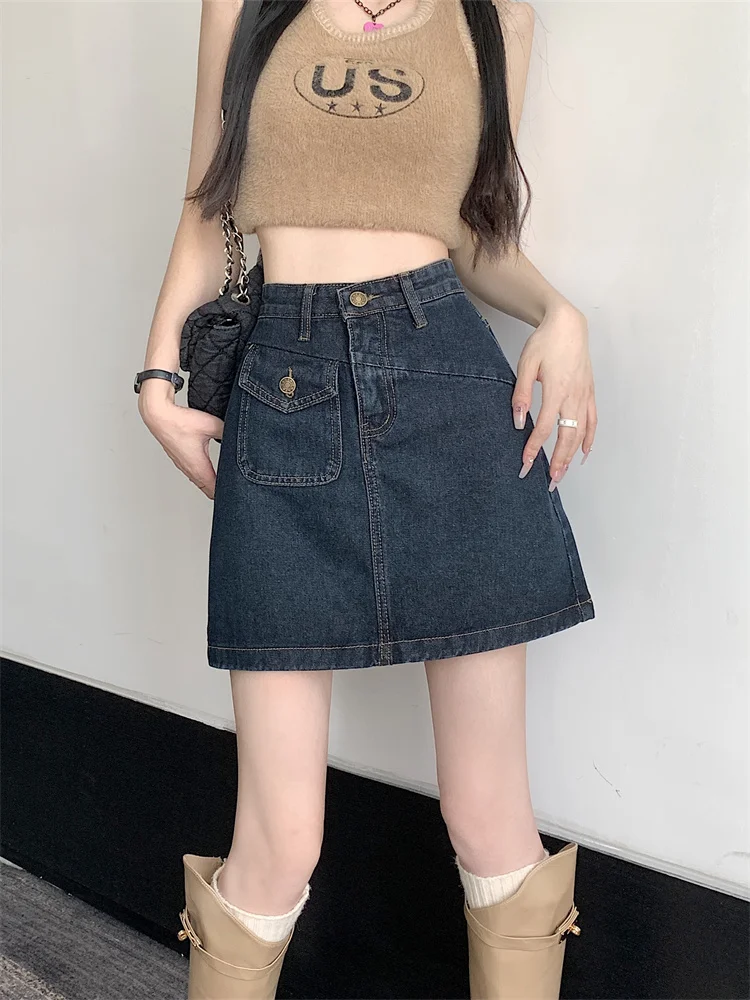 

Джинсовая юбка А-силуэта с высокой талией для женщин, утягивающий дизайн, большие размеры, для полных женщин, короткая юбка-карандаш в корейском стиле для повседневной носки