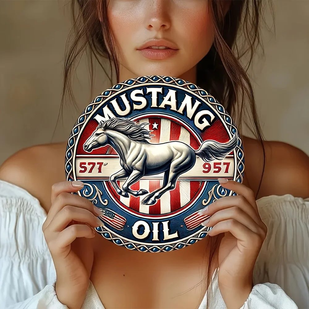 [Vintage Metal Sign] Vintage 8-Inch Round Metal Sign - "MUSTANG 577° 957° OIL" with Running Horse Design | 2D Flat Aluminum Wall image 5