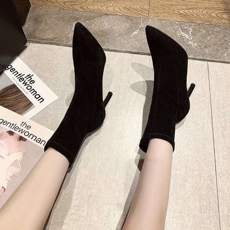 2024 Luxury Women Beige Black Sock Boots Stiletto Thin High Heels Elastic knitting Boots Winter Stretch Fabric Boots Plus Size