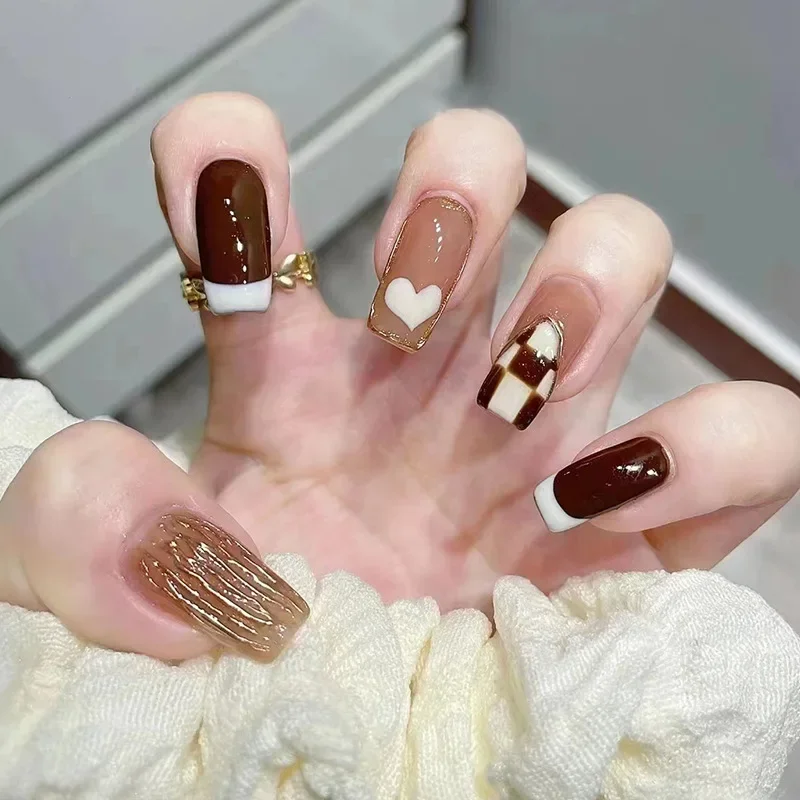 Heallor-Short Flat Falso Nails Art, Verniz Wearable, Coleção de Natal Acabado, Removível Cobertura Completa, Pressione no Nai, 24pcs