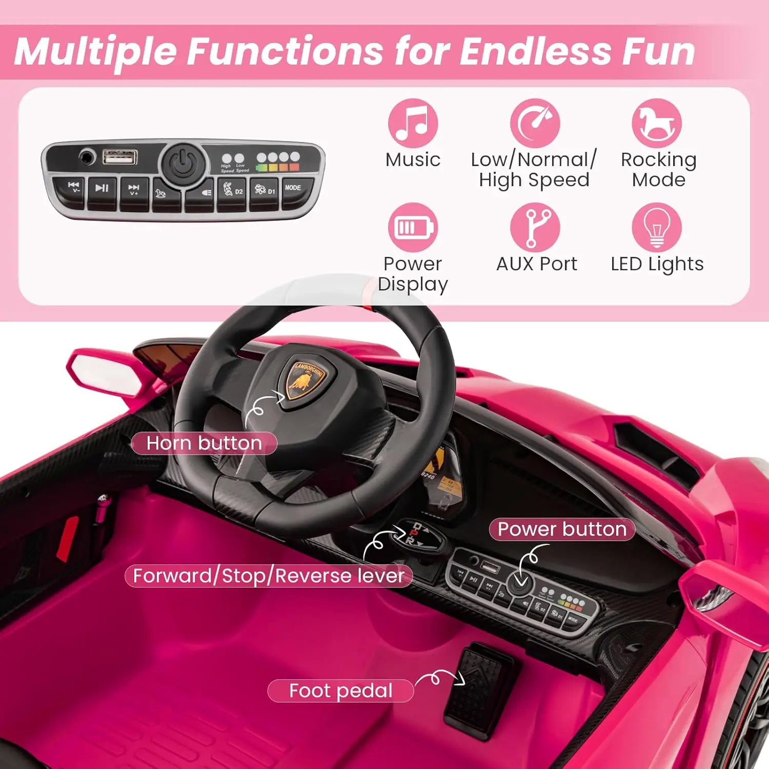 Pink Ride On Car, lizenziertes 12-V-Elektrofahrzeug für Kinder, 3 Geschwindigkeiten, zu öffnende Tür, Hupe, Musik, Steuerhebel, Kleinkind-Fahrt auf C
