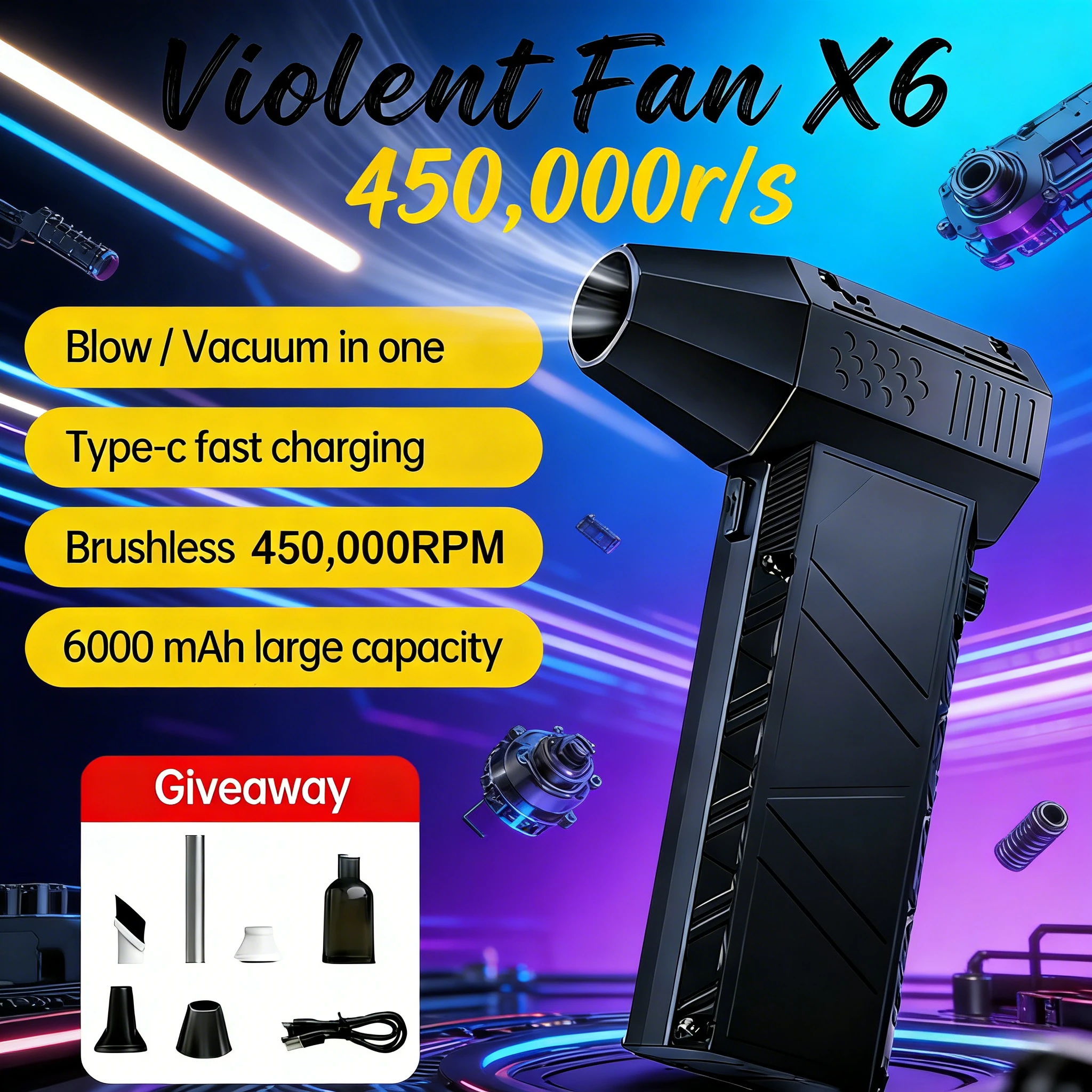 

X6 Snowy Hurricane Camping Fan | 150W High-Speed 53m/s | 6000mAh Type‑C Rechargeable Outdoor Fan