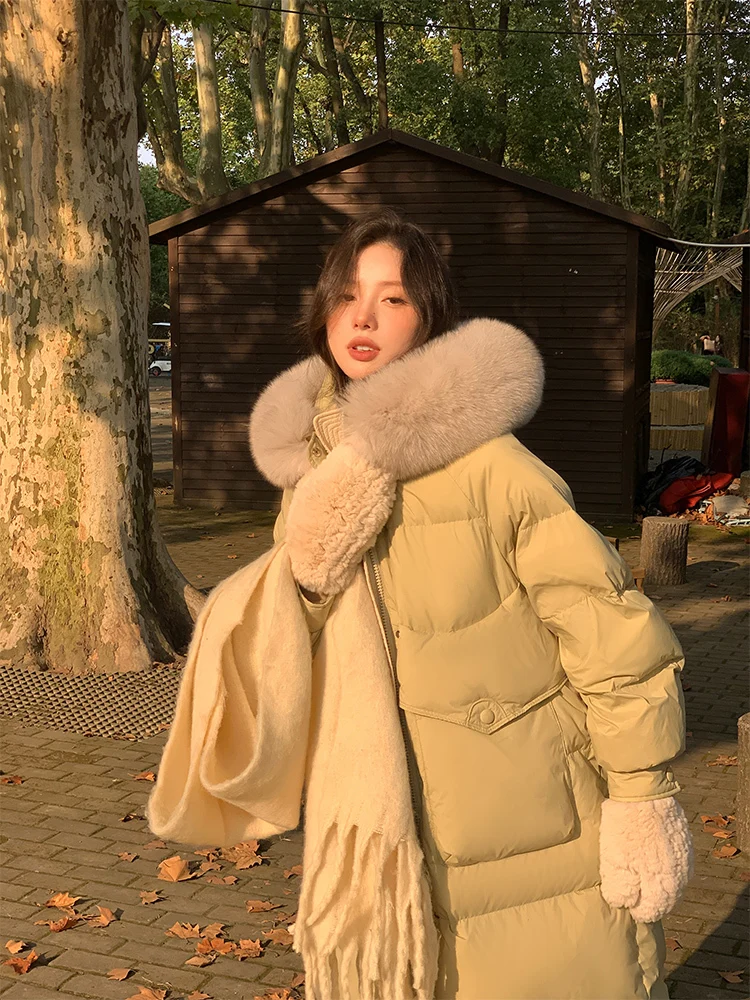 Big Fox Fur Collar ลงเสื้อแฟชั่นฤดูหนาว Hooded กระเป๋าเย็บหลวม Plus ขนาดหนา 90 เป็ดสีขาว Puffer Coat ผู้หญิง