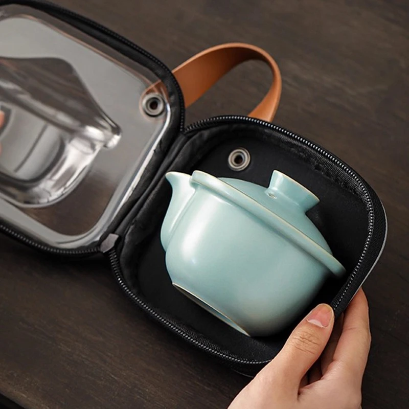 Ru Kiln Sky Blue Travel Tea Set Quick Guest Cup Outdoor Portable Tea Set Personal Dedicated Teapot Teacup Storage Travel Bag