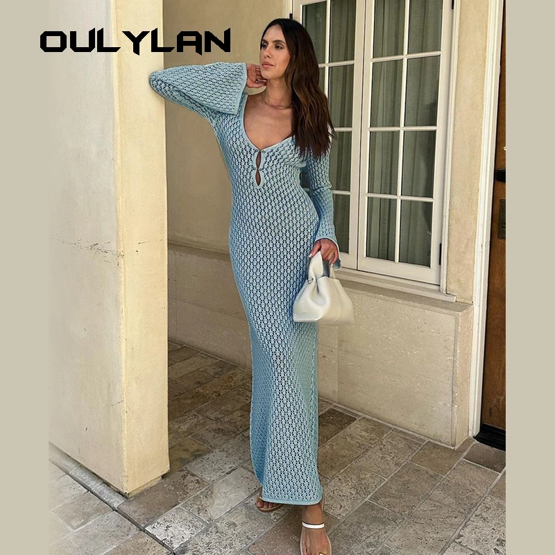 

Sexy Women White Long Knit Sleeve Bikin Fashion Cover up Female See-Through Deep V-Neck Hollow-Out Beach Knitwear Backless Dress