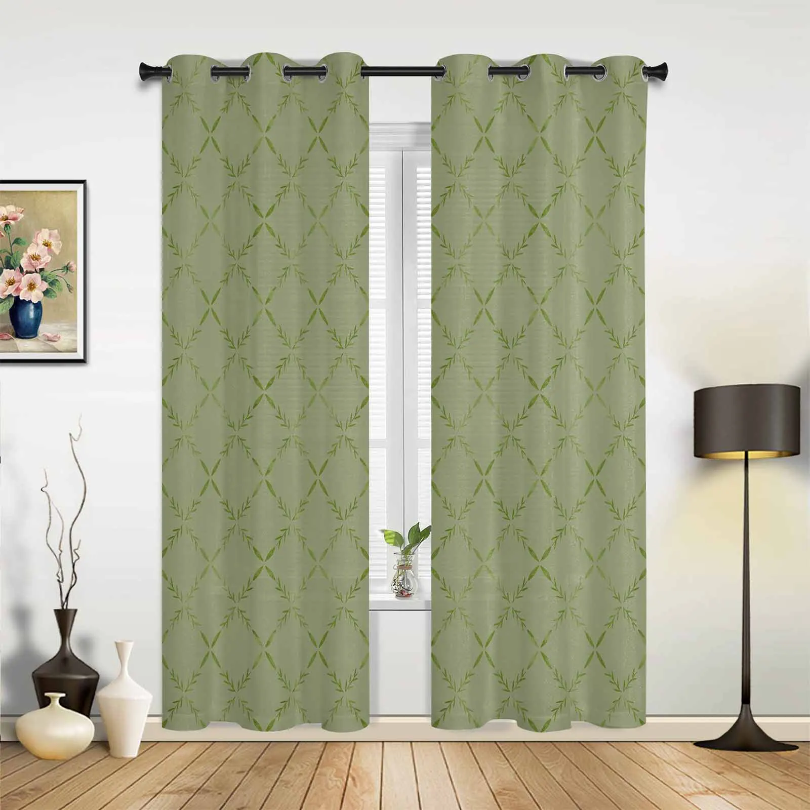 Diamond Grid Texture Sage Green Modern Panels Hall Curtains for Living Room Bedroom Window Curtains Hotel Drapes