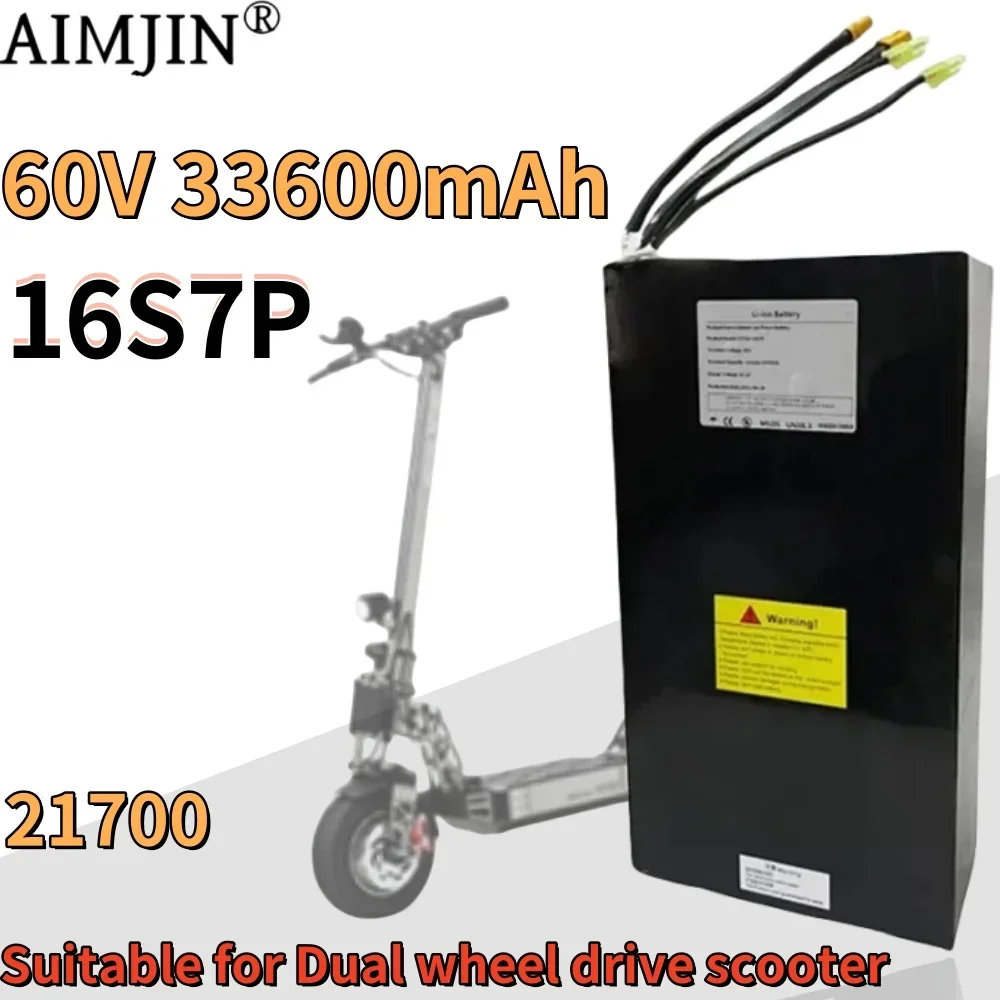 16S7P 60V 33600mAh 21700 paket baterai Lithium isi ulang cocok untuk baterai skuter Drive ganda, dengan BMS