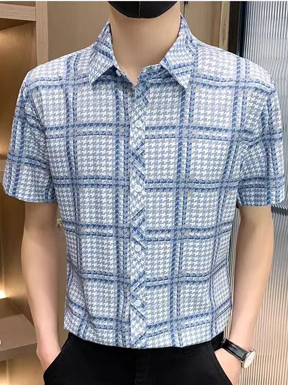 

Cooling Ice Silk Мужская irt ort Sve Thin f Sve No Ironing Summer New Sle Slim Fit с принтом Youth Faion Cheer...