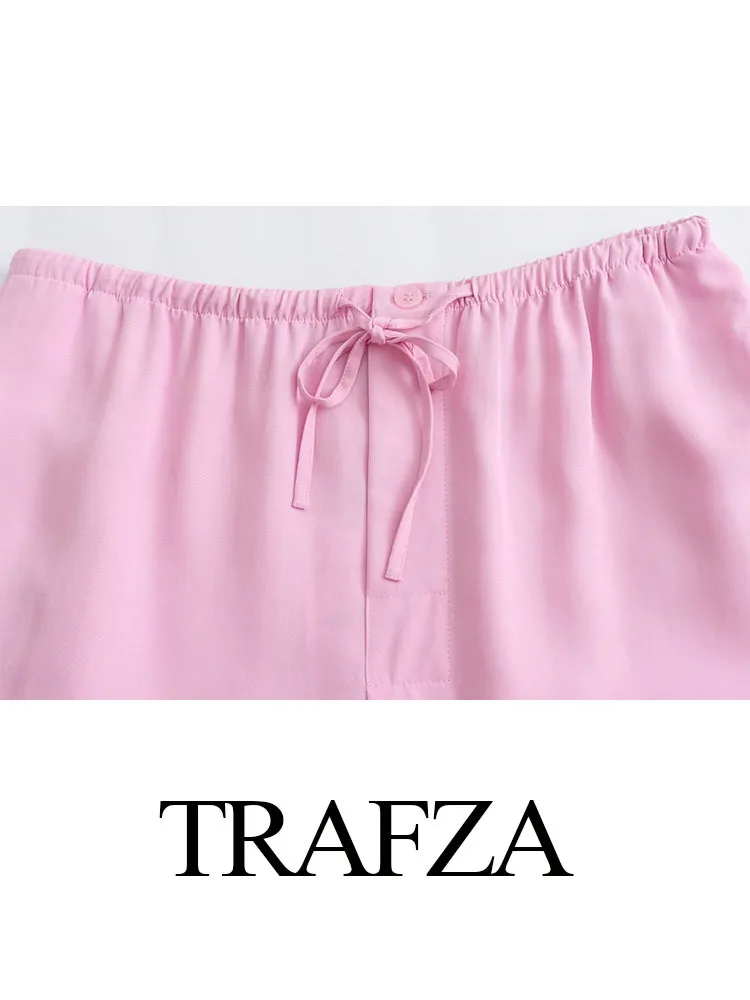 Neue Sommer mode Frauen anzüge rosa drehen Coller halbe Ärmel einreihige Hemden Mitte der Taille Schnür hose mit weitem Bein