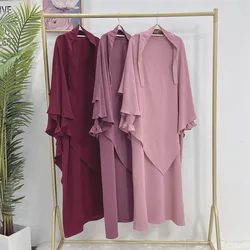 Khimar abaya conjunto de tecido enrugado vestido de punho smocked + 2 camadas hijab cachecol roupas de oração islam jilbabs para mulheres ramadan muçulmano