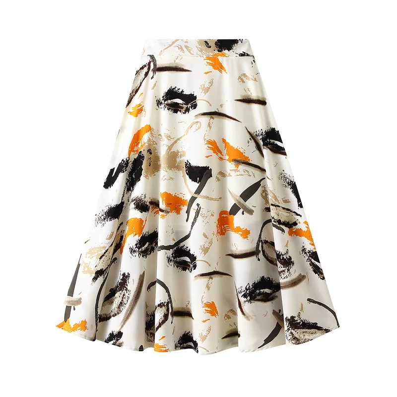 

2024 Summer New Simple Casual Personality Graffiti Floral Skirt High Waist Loose Elegant Women A-line Long Skirt Free Shipping