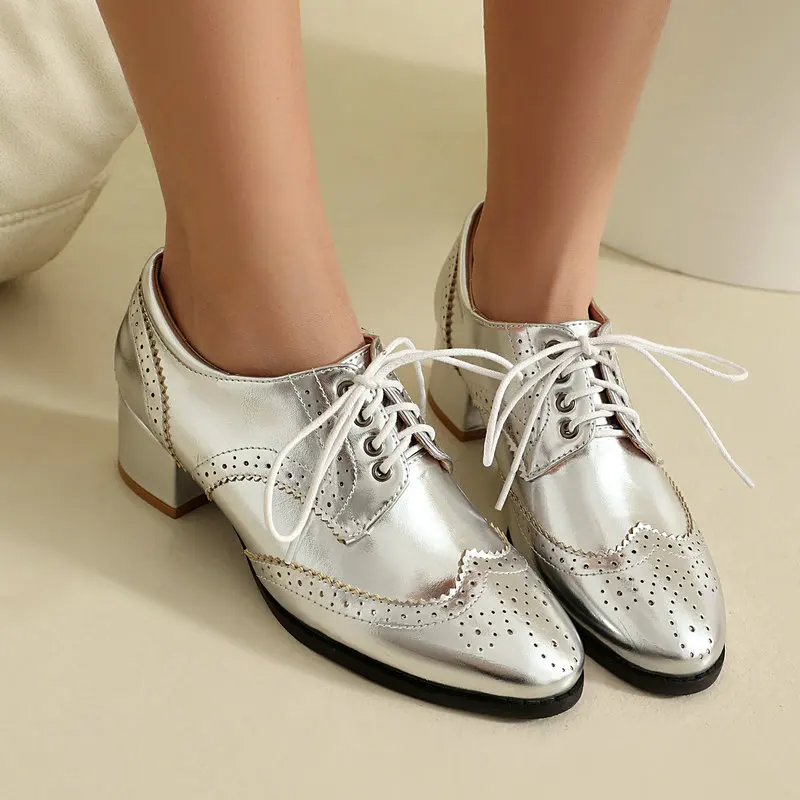 Metallic Silver Round Toe Women Brogue Shoes Lace-up Square Chunky High Heels British Retro Mature Derby Oxfords Pumps Spring