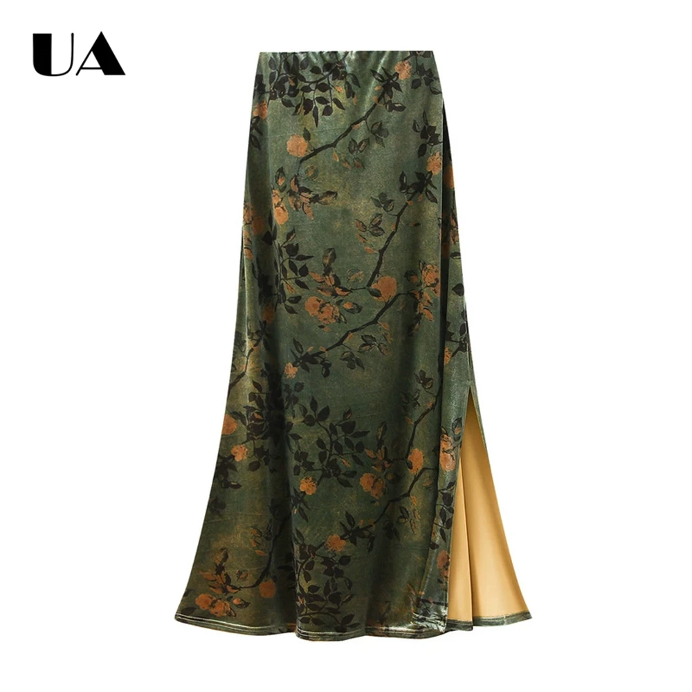Ulbyanry elegante na moda saia de veludo outono retro floral cintura alta emagrecimento saia longa vintage elegância saias
