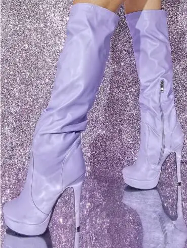 

Drop Shipping Light Purple Solid Color Round Toe Thick Sole Platform Super Thin Heels Knee High Long Boots Shoes Size 47