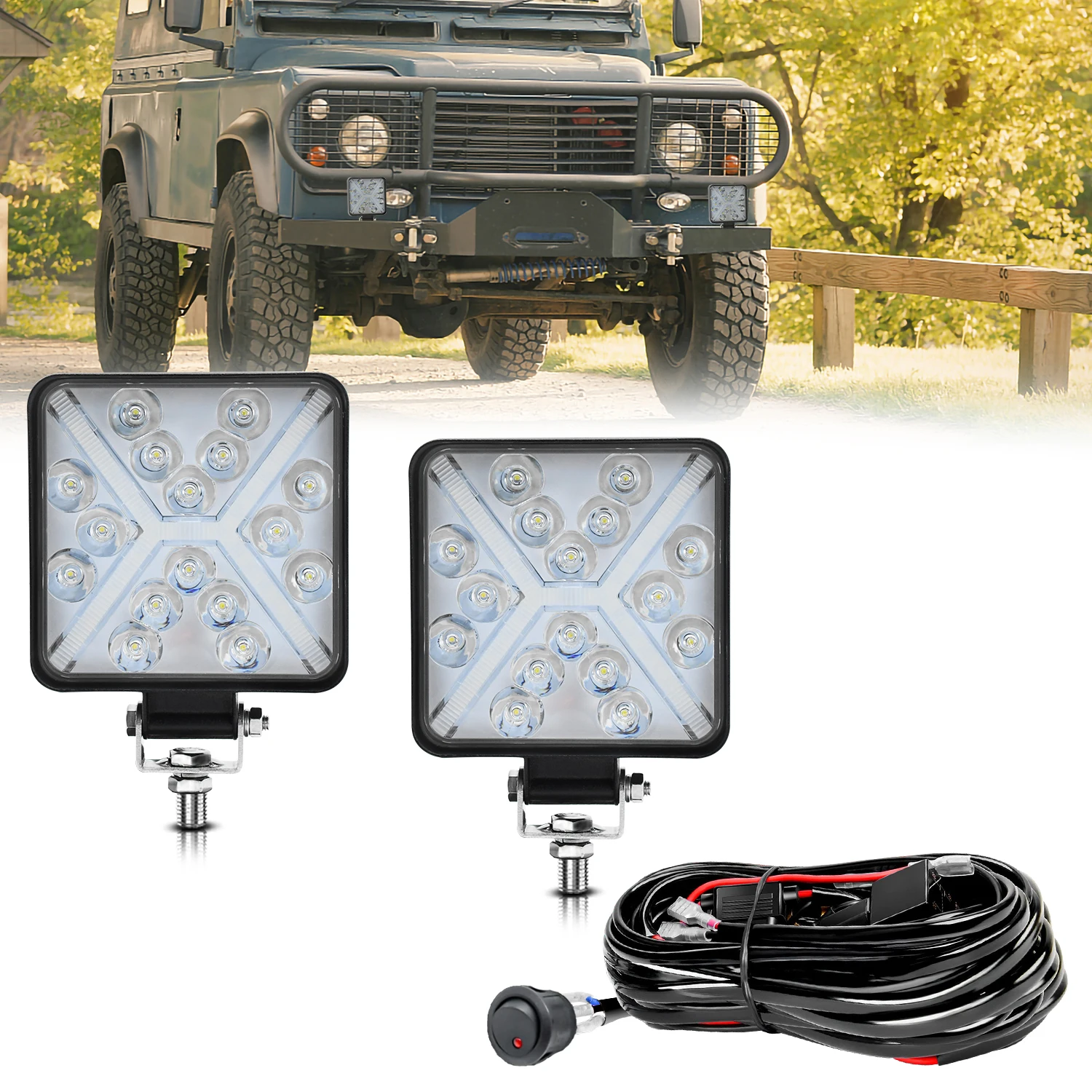 1 SET 4-Inch Square Car Work Light, X-type, Fit for Cars, 4x4, Trucks, Tractors, Trailers, Golf Carts, Pickup Trucks, Cars, etc.