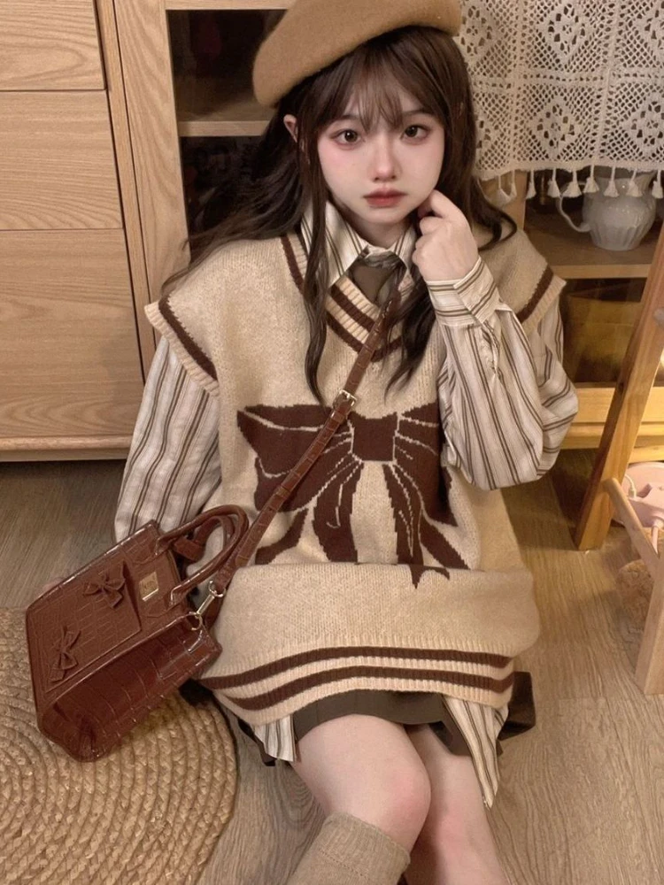 Autumn Korean Style 3 Piece Set Women Knitted Vest + Striped Blouse + Sweet Skirt Set France Vintage Party Mini Skirt Suit 2022