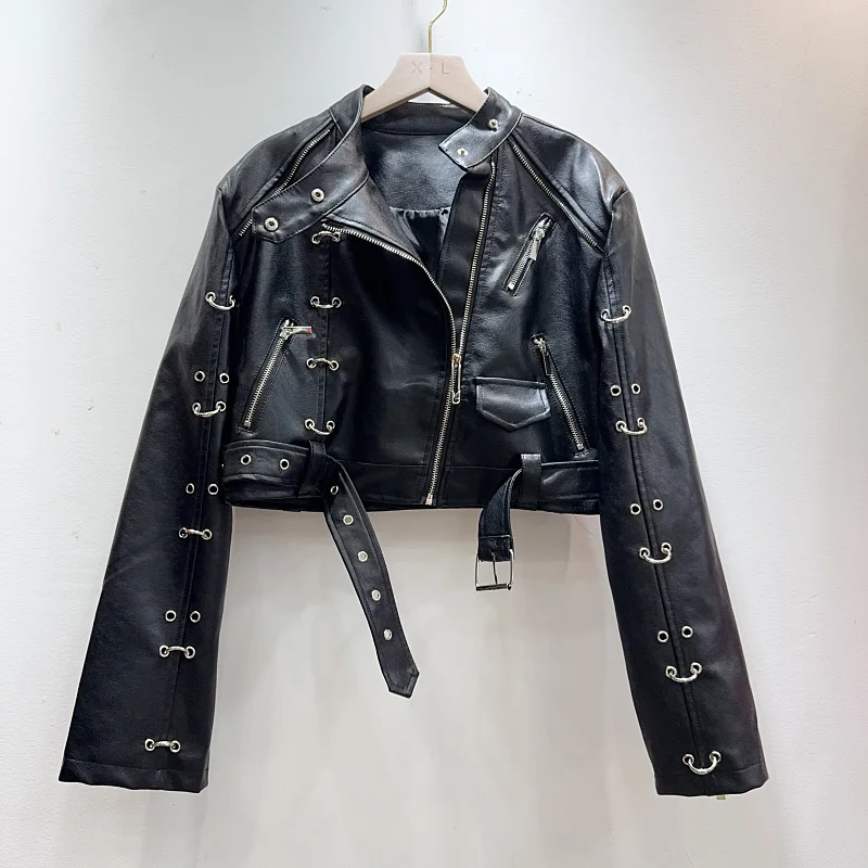 

Streetwear Fashion Ring Rivet Short Faux PU Leather Jacket With Belt Women Stand Collar Long Sleeve Casual Female Biker Jacket