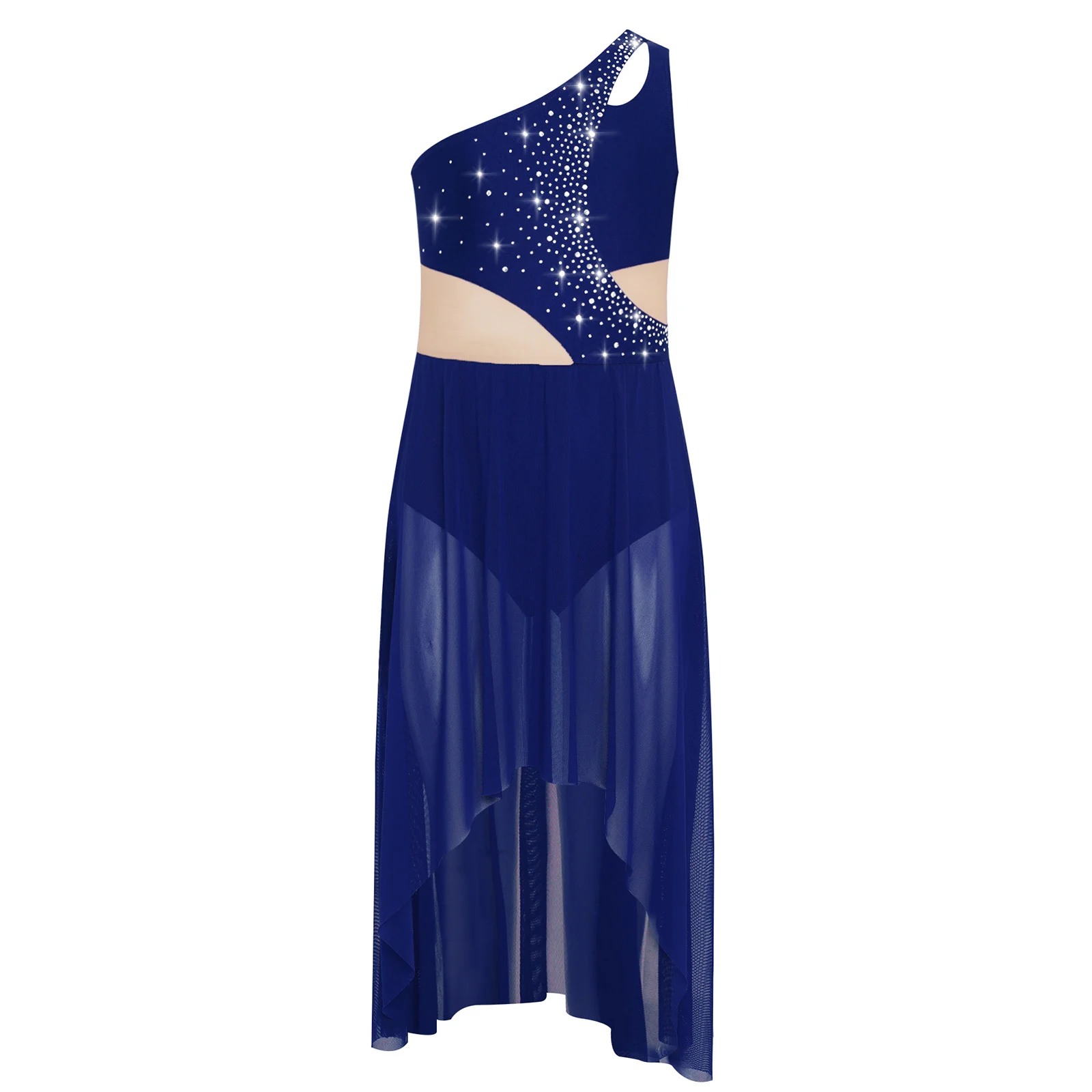 

Kids Girls Lyrical Dance Dress Shiny Rhinestones One Shoulder Sleeveless Cutout High-Low Flowy Mesh Leotard Dress Ballet Dresses