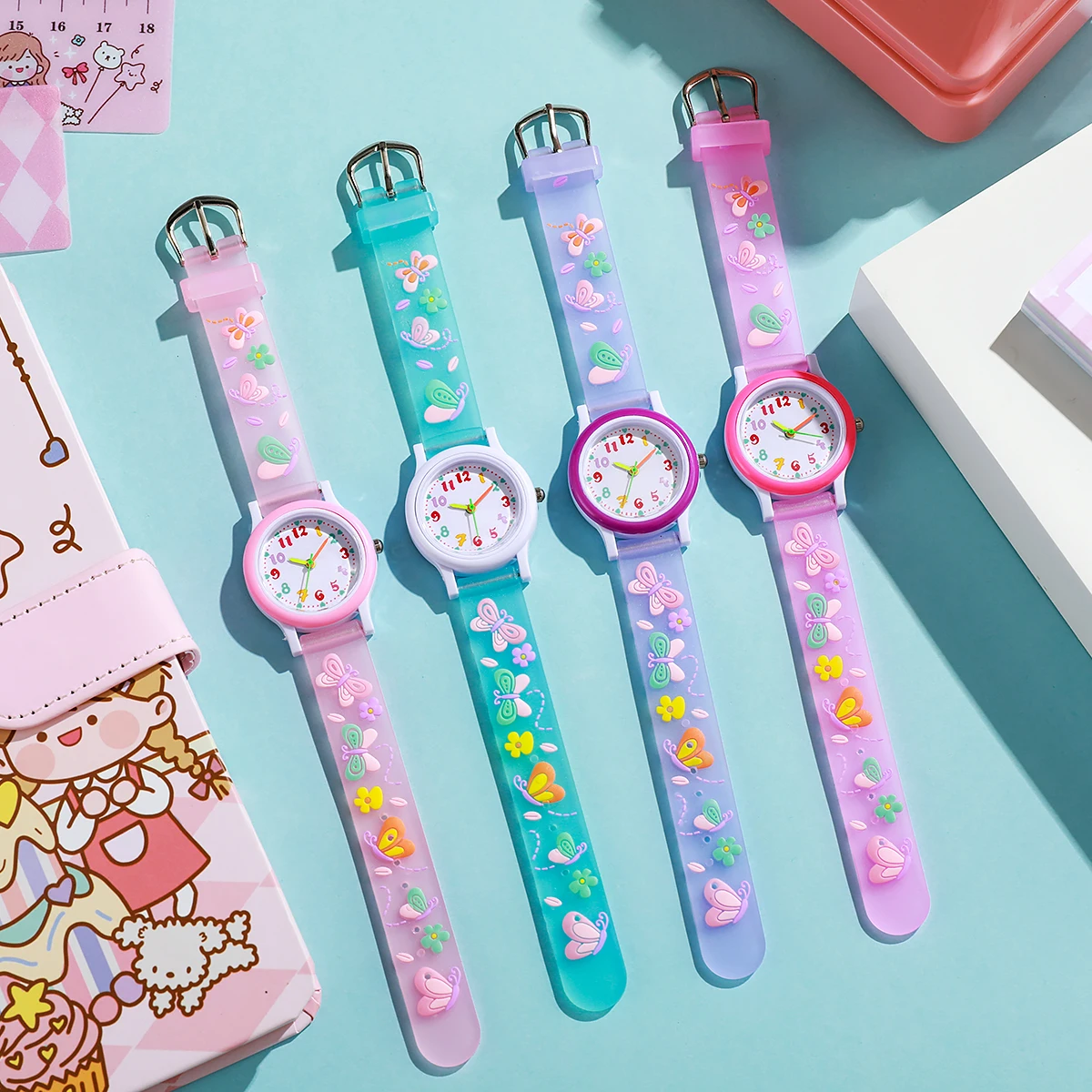 New cute and fashionable butterfly silicone watch band with colorful dial children's quartz watch, suitable for daily wear, Than