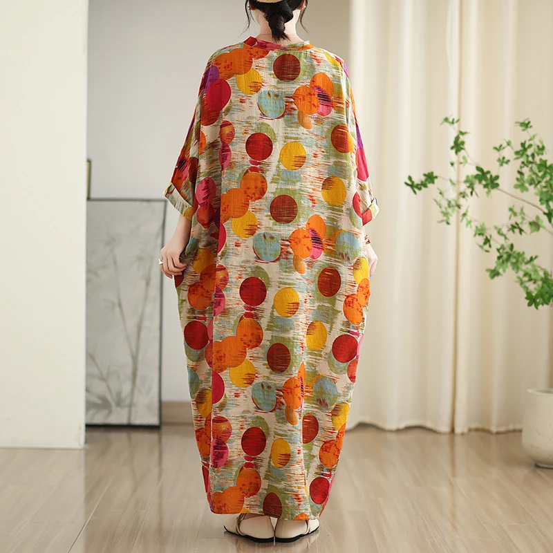 Primavera/verão novo feminino colorido estilo de férias viagem com decote em v retro vestido longo solto casual algodão cânhamo manga longa vestido a370