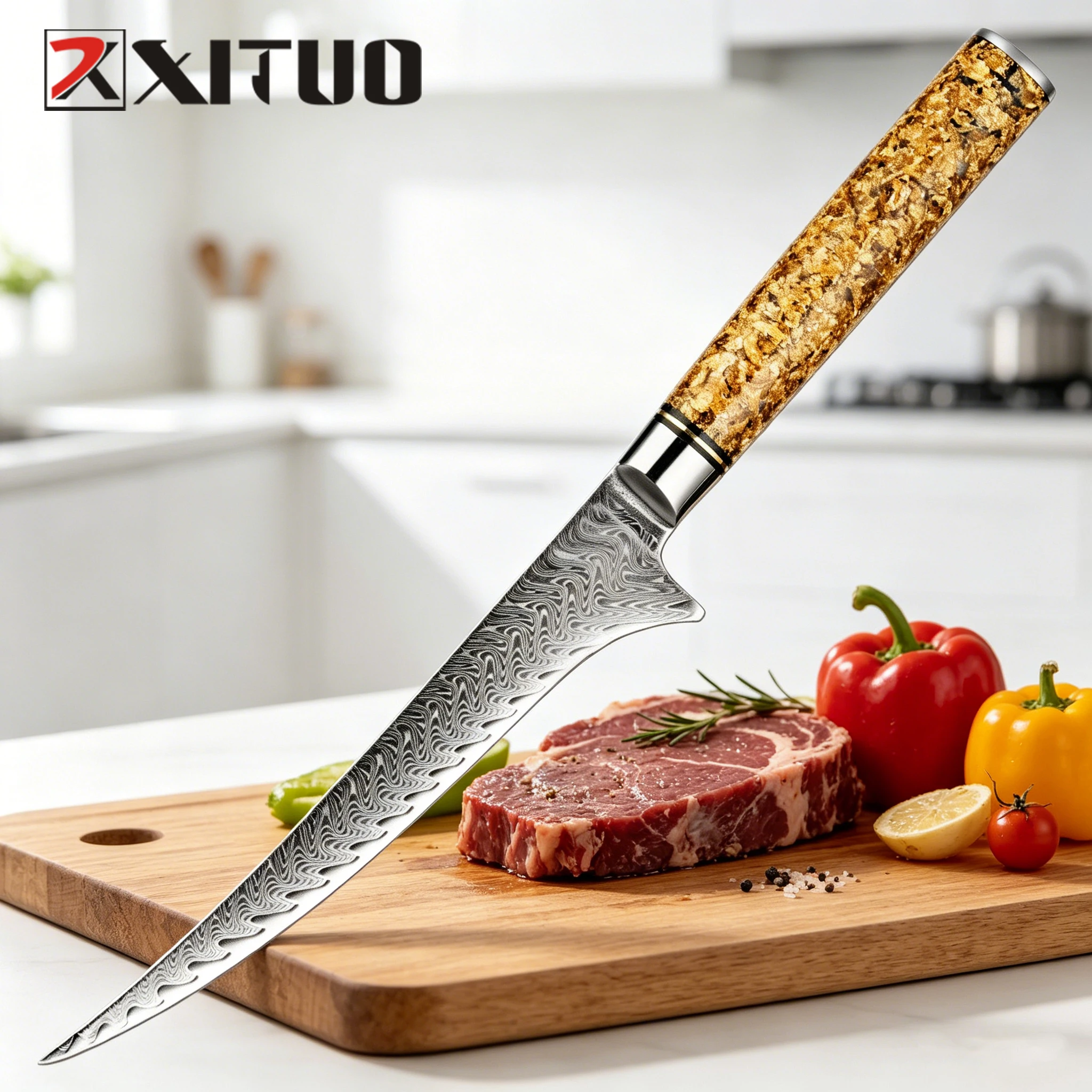 XITUO Kitchen Boning Knife 6 Inch, Damascus Steel Sharp Deboning Knives for Meat Cutting,Fish Knife, Resin and Gold Leaf Handle