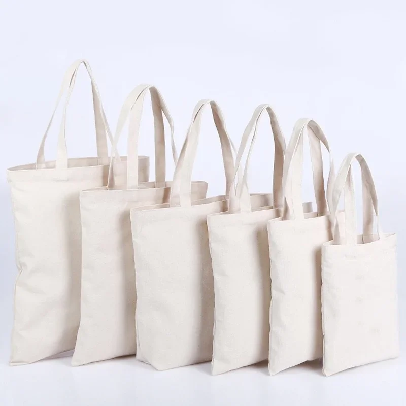 Large Capacity Canvas Shopping Bags Folding Eco-Friendly Cotton Tote Bags Reusable DIY Shoulder Bag Grocery Handbag Beige White