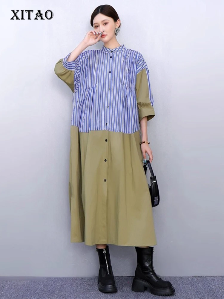 

XITAO Loose Stripe Patchwork Female Dress Casual A-line Stand Collar Women Summer Temperament Single Breasted Dress ZMY1390