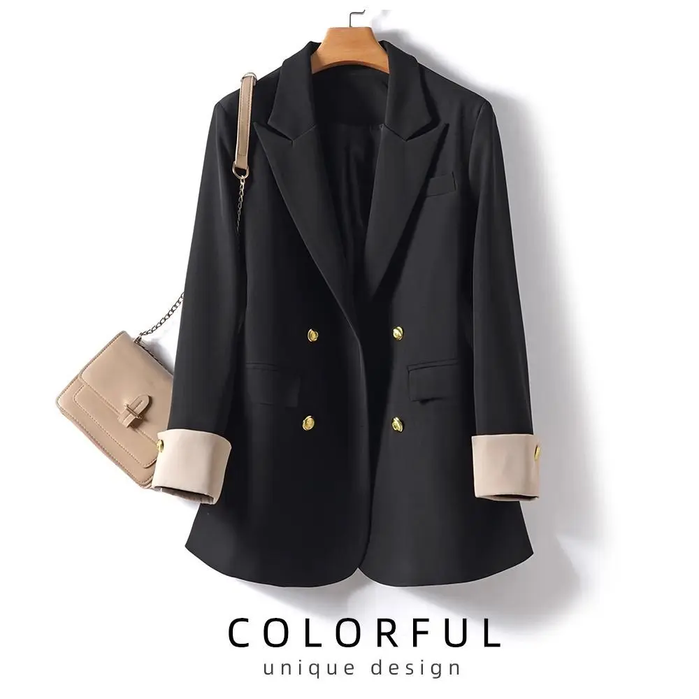 Black Suit Jacket Women's Clothing 2025 Spring Autumn New Double breasted Long sleeved Blazer Coat Female Loose Casual Tops