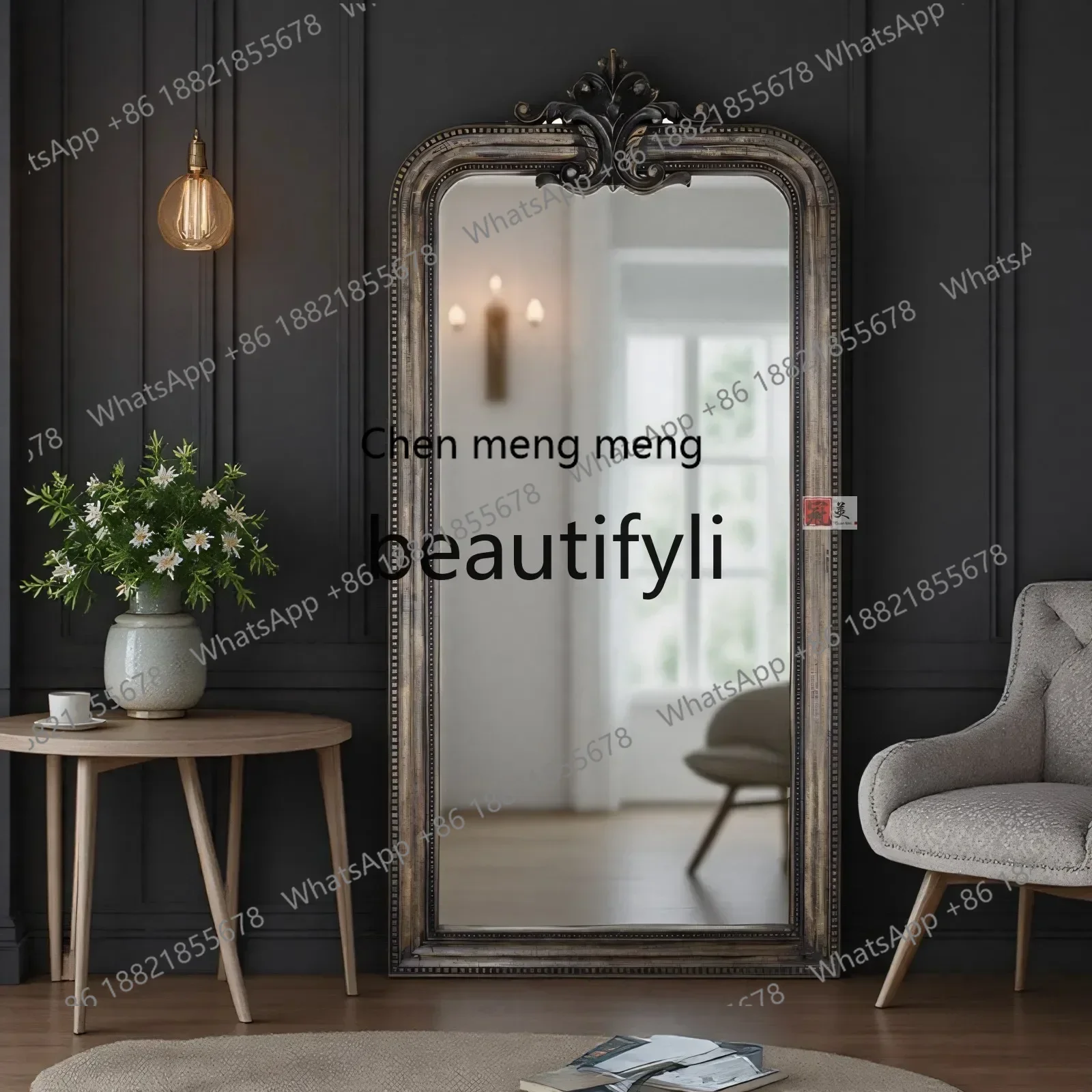 

cn8617 LHY ss26 S26 American retro full-length mirror French, home bedroom full-length mirror European art carved fitting mirror